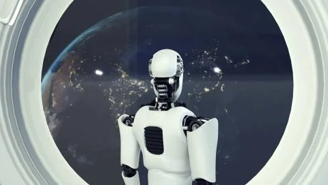 Futuristic robot, artificial intelligence CGI inside spaceship in space universe Illustrazione stock