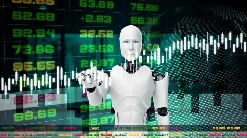 Futuristic robot, artificial intelligence CGI for stock exchange market trading Illustrazione stock