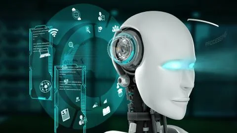 Futuristic robot, artificial intelligence CGI big data analytics and programming Stockillustratie