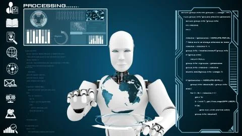 Futuristic robot, artificial intelligence CGI big data analytics and programming Stock Illustration