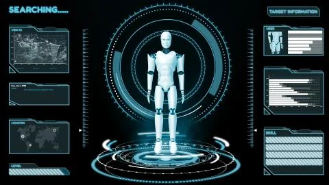 Futuristic robot, artificial intelligence CGI big data analytics and programming Illustrazione stock