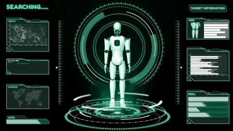Futuristic robot, artificial intelligence CGI big data analytics and programming Stockillustratie