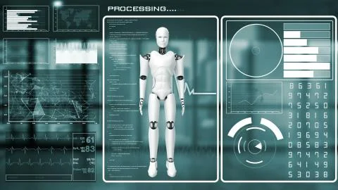 Futuristic robot, artificial intelligence CGI big data analytics and programming Stock Illustration