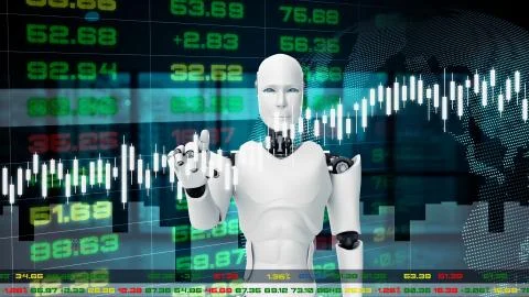 Futuristic robot, artificial intelligence CGI for stock exchange market trading Illustrazione stock