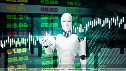 Futuristic robot, artificial intelligence CGI for stock exchange market trading Illustrazione stock