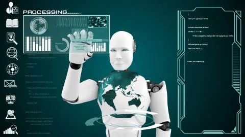 Futuristic robot, artificial intelligence CGI big data analytics and programming Stock Illustration