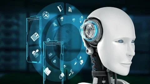 Futuristic robot, artificial intelligence CGI big data analytics and programming Stock Illustration