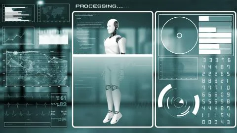 Futuristic robot, artificial intelligence CGI big data analytics and programming Illustrazione stock