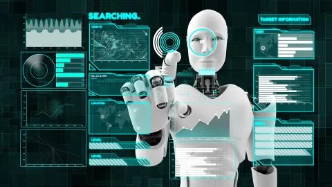 Futuristic robot, artificial intelligence CGI big data analytics and programming Stock Illustration