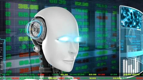 Futuristic robot, artificial intelligence CGI for stock exchange market trading Illustrazione stock