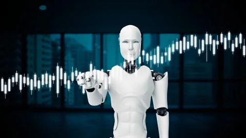 Futuristic robot, artificial intelligence CGI for stock exchange market trading Stock Illustration
