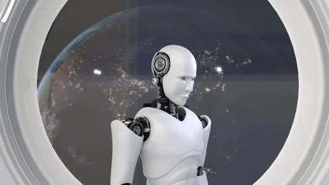 Futuristic robot, artificial intelligence CGI inside spaceship in space universe Illustrazione stock