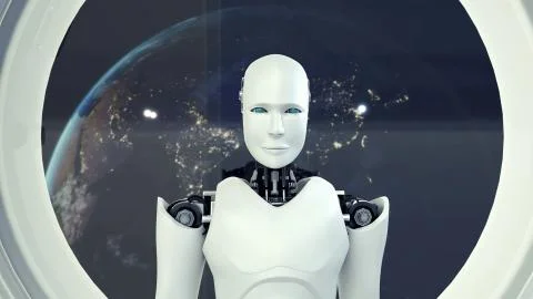 Futuristic robot, artificial intelligence CGI inside spaceship in space universe Stock Illustration