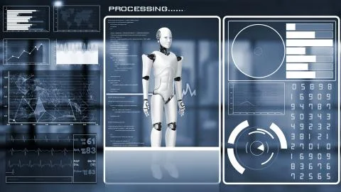 Futuristic robot, artificial intelligence CGI big data analytics and programming Illustrazione stock