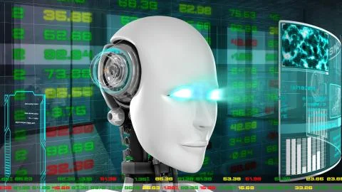 Futuristic robot, artificial intelligence CGI for stock exchange market trading Stock Illustration
