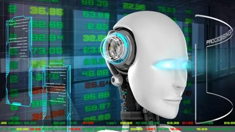 Futuristic robot, artificial intelligence CGI for stock exchange market trading Illustrazione stock
