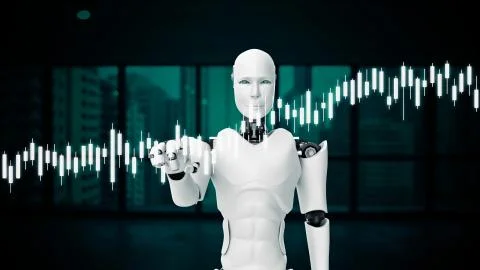 Futuristic robot, artificial intelligence CGI for stock exchange market trading Stock Illustration