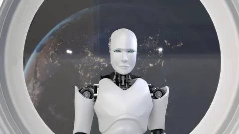 Futuristic robot, artificial intelligence CGI inside spaceship in space universe Stockillustratie