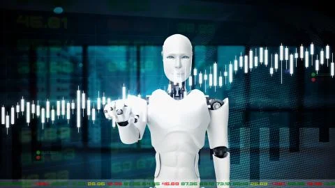 Futuristic robot, artificial intelligence CGI for stock exchange market trading Illustrazione stock