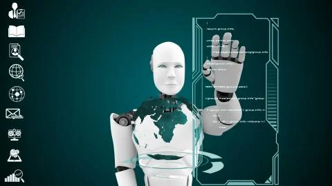 Futuristic robot, artificial intelligence CGI big data analytics and programming 스톡 일러스트