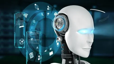 Futuristic robot, artificial intelligence CGI big data analytics and programming Stock Illustration