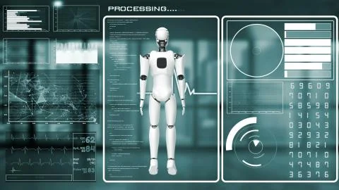 Futuristic robot, artificial intelligence CGI big data analytics and programming Stock Illustration