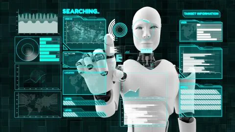 Futuristic robot, artificial intelligence CGI big data analytics and programming Stock Illustration