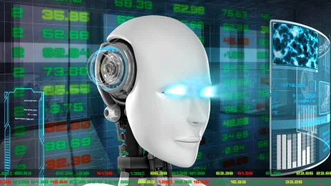 Futuristic robot, artificial intelligence CGI for stock exchange market trading Illustrazione stock