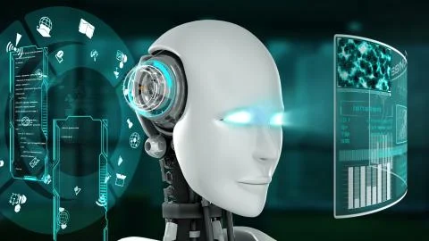 Futuristic robot, artificial intelligence CGI big data analytics and programming Stock Illustration