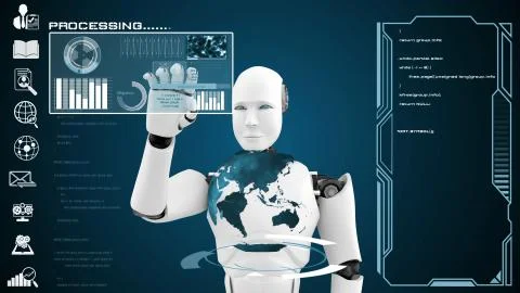 Futuristic robot, artificial intelligence CGI big data analytics and programming Stock Illustration