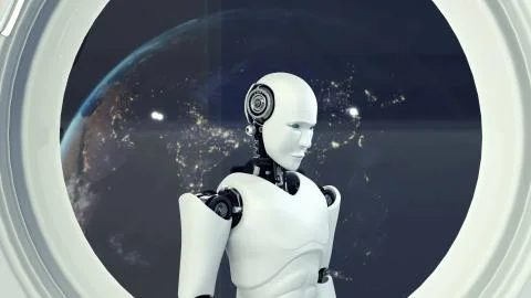 Futuristic robot, artificial intelligence CGI inside spaceship in space universe Stock Illustration