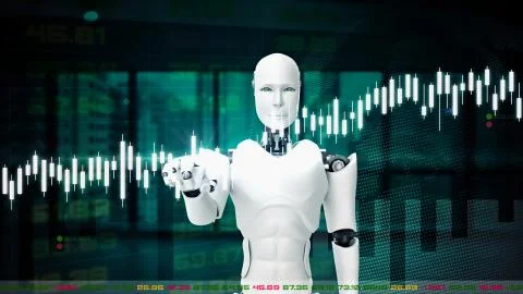 Futuristic robot, artificial intelligence CGI for stock exchange market trading Stock Illustration