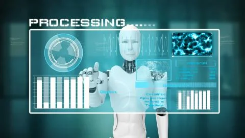 Futuristic robot, artificial intelligence CGI big data analytics and programming Illustrazione stock