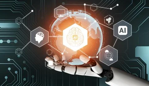 Futuristic robot artificial intelligence concept. 3D illustration. Stock Illustration