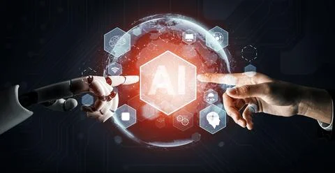 Futuristic robot artificial intelligence concept. 3D illustration. Illustrazione stock