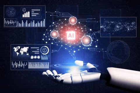 Futuristic robot artificial intelligence concept. 3D illustration. Illustrazione stock