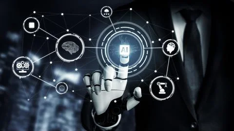 Futuristic robot artificial intelligence concept. 3D illustration. 스톡 일러스트