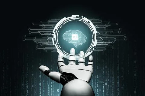 Futuristic robot artificial intelligence concept. 3D illustration. Illustrazione stock