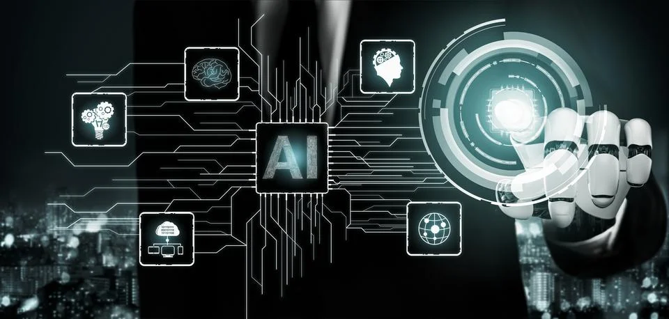 Futuristic robot artificial intelligence concept. 3D illustration. Stock Illustration