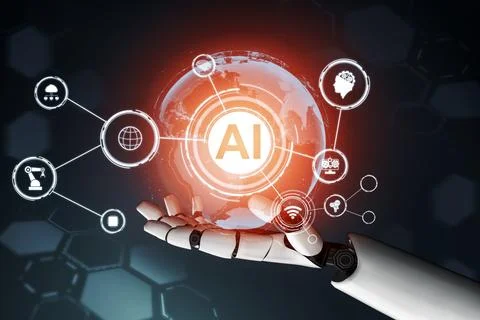 Futuristic robot artificial intelligence concept. 3D illustration. Illustrazione stock