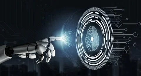 Futuristic robot artificial intelligence concept. 3D illustration. Illustrazione stock