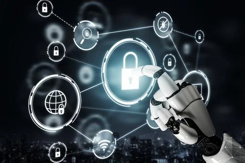 Futuristic robot artificial intelligence concept. 3D illustration. Illustrazione stock