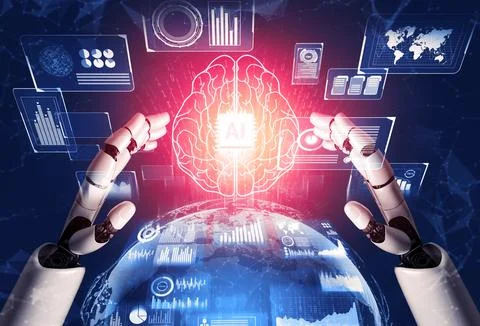 Futuristic robot artificial intelligence concept. 3D illustration. Stock Illustration