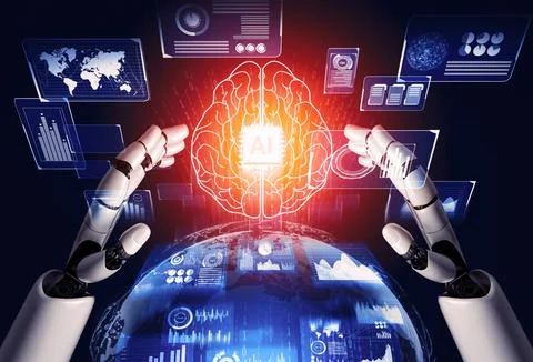 Futuristic robot artificial intelligence concept. 3D illustration. 스톡 일러스트