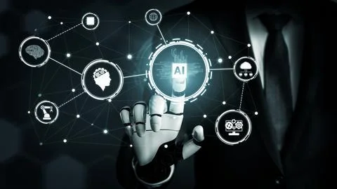 Futuristic robot artificial intelligence concept. 3D illustration. Illustrazione stock