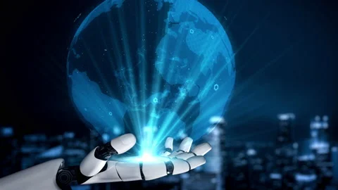 Futuristic robot artificial intelligence enlightening AI technology concept Stock Footage 191589343