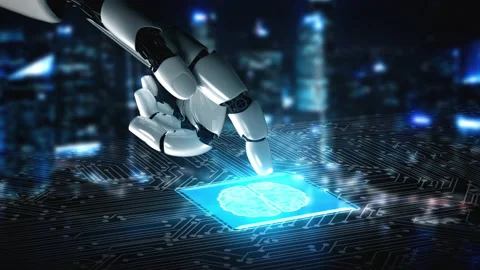 Futuristic robot artificial intelligence enlightening AI technology concept Stock Footage 199999379
