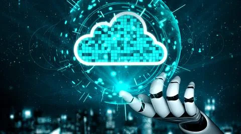 Futuristic robot artificial intelligence enlightening AI technology concept Illustrazione stock