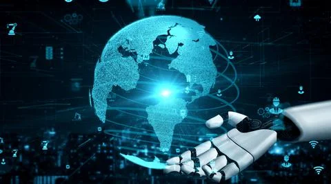 Futuristic robot artificial intelligence enlightening AI technology concept Illustrazione stock