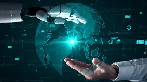 Futuristic robot artificial intelligence enlightening AI technology concept Illustrazione stock